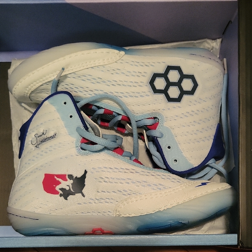 White and Light Blue High-Top Sneakers with Pink Accents